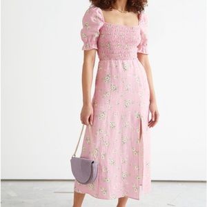 & Other Stories Floral Puff Sleeve Linen Midi Dress 4 Pink
